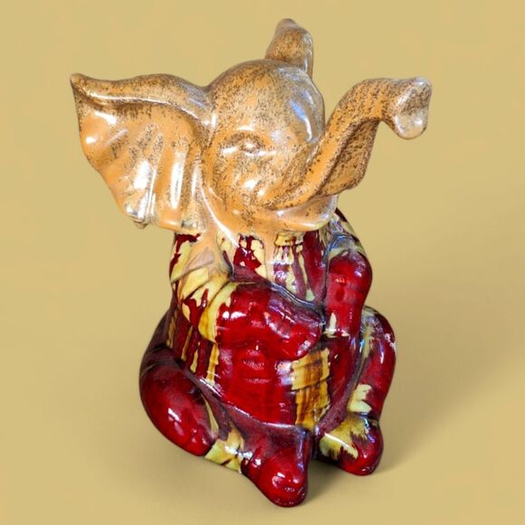 Apropos Drip Glaze Elephant Statue Figurine 10” Gold Trunk Up Lucky Art Pottery - Picture 1 of 16